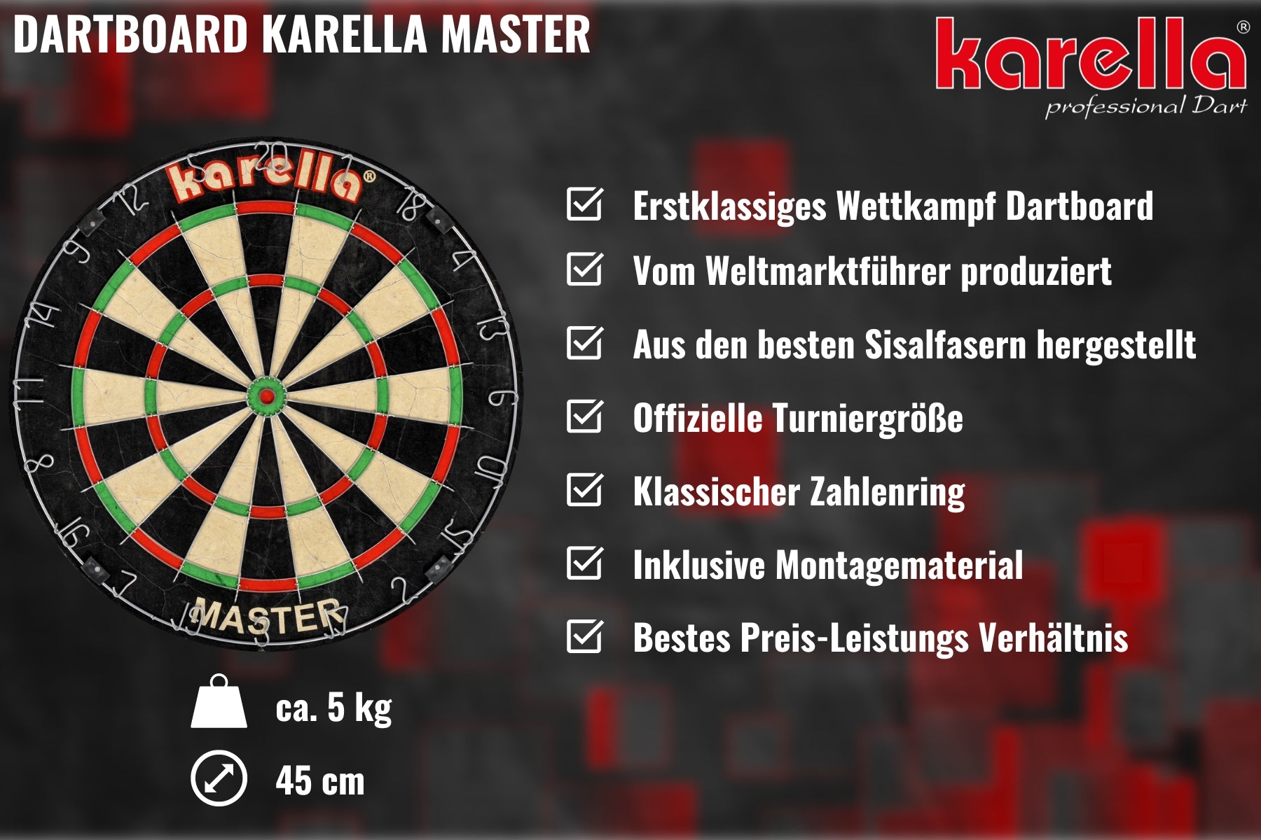 Karella - Dartboard Master im Set inkl. 2 Satz Karella Steeldarts und Karella Abwurflinie